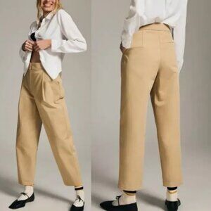 Anthropologie EXQUISE Barrel Chinos Pleated Pants Trousers in Cedar size M Beige